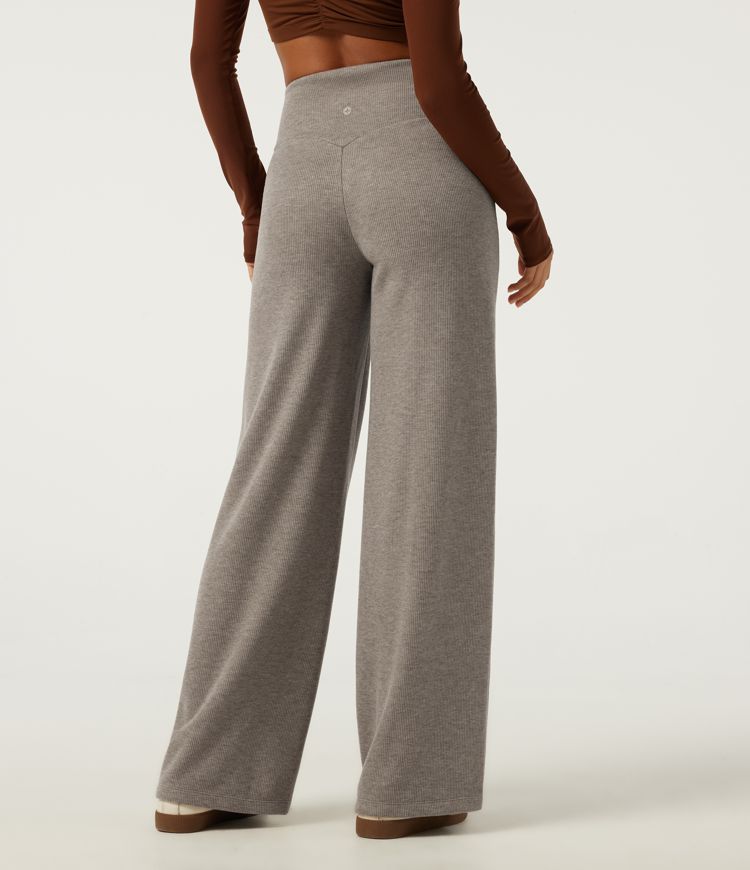 Ribbed Knit High Waisted Tummy Control Straight Leg Pintuck Casual Pants with Pockets