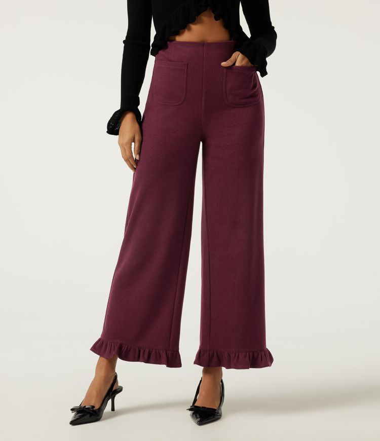 Pantalon décontracté côtelé taille haute gainant, jambe large, ourlet à volants, avec poches