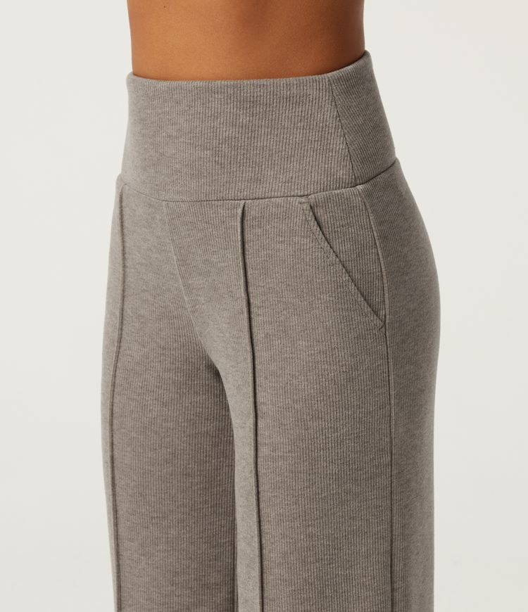Ribbed Knit High Waisted Tummy Control Straight Leg Pintuck Casual Pants with Pockets
