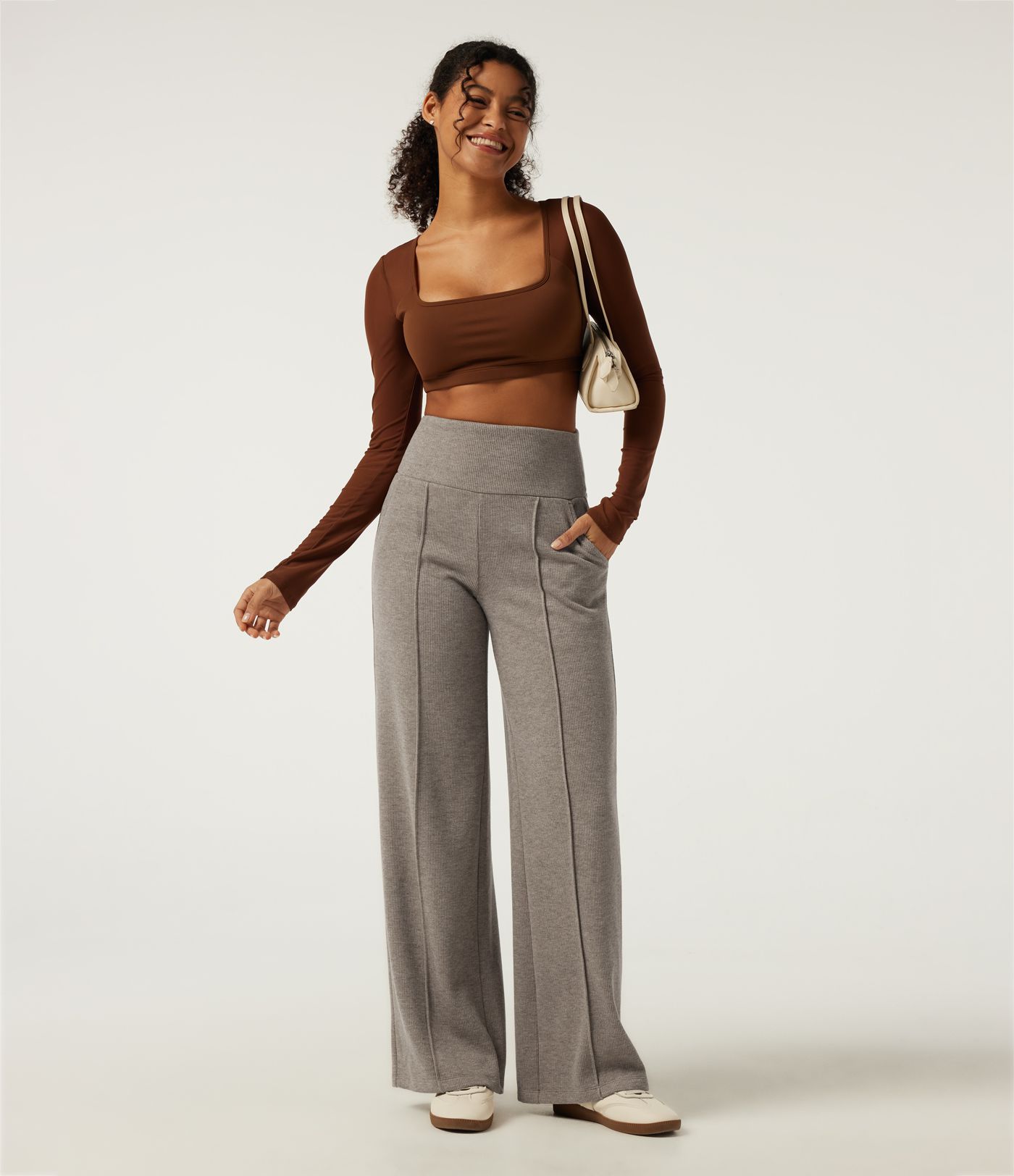 Ribbed Knit High Waisted Tummy Control Straight Leg Pintuck Casual Pants with Pockets
