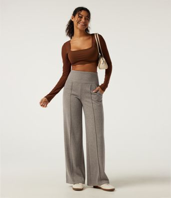 Ribbed Knit High Waisted Tummy Control Straight Leg Pintuck Casual Pants with Pockets