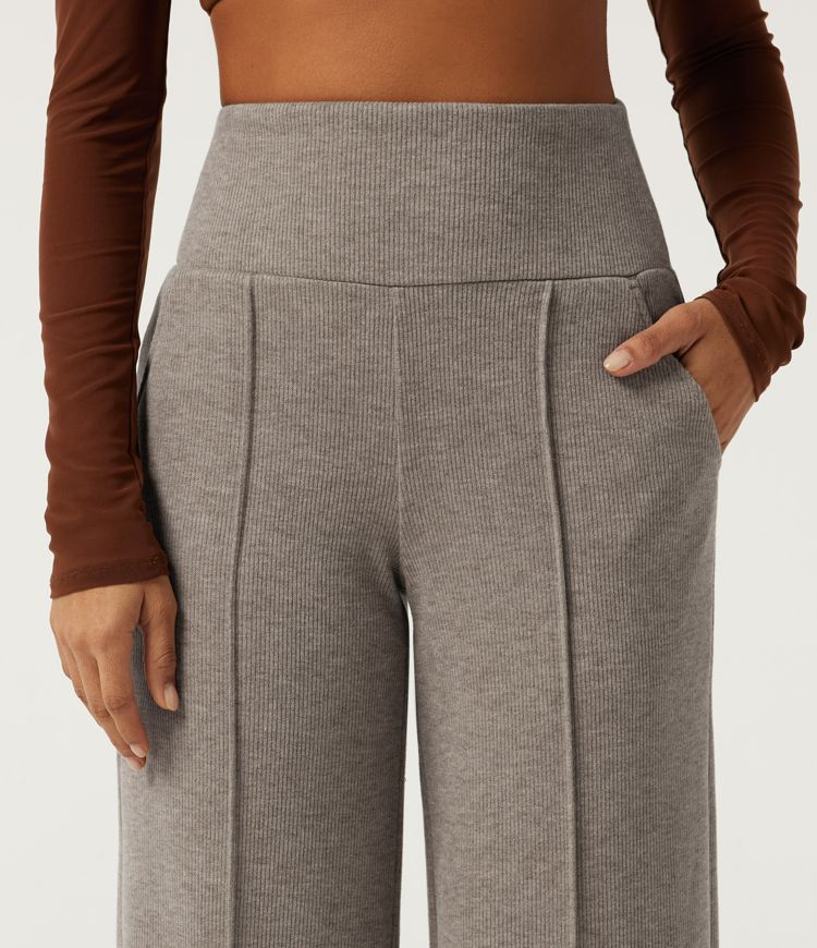Ribbed Knit High Waisted Tummy Control Straight Leg Pintuck Casual Pants with Pockets