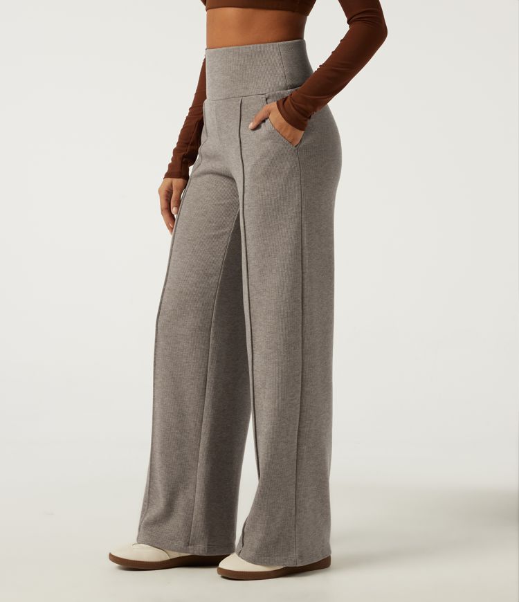Ribbed Knit High Waisted Tummy Control Straight Leg Pintuck Casual Pants with Pockets