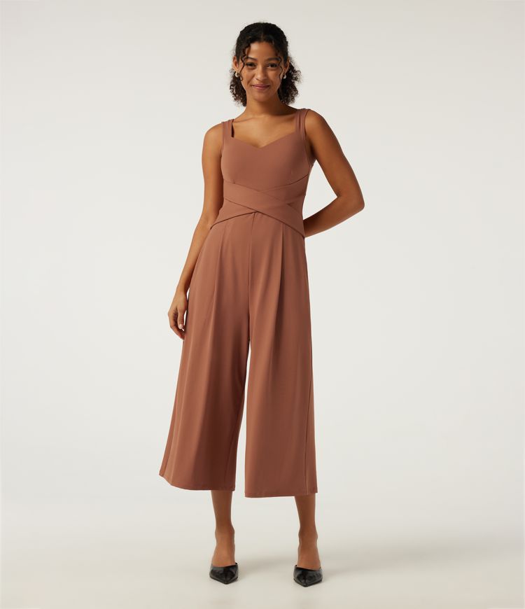 Rust Red V Neck Sleeveless Straight Leg Crossover Casual Jumpsuit with Built-in Bra and Pockets -Easy Peezy Edition / 1