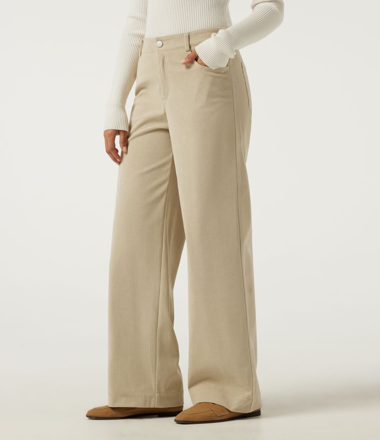 Pantalones casuales de pana de tiro medio y pernera recta con bolsillos