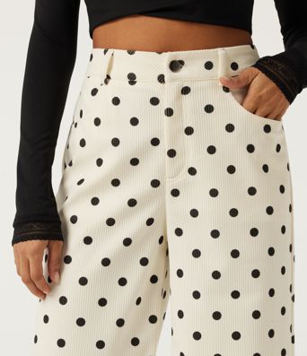 High Waisted Wide Leg Polka Dot Corduroy Casual Pants with Pockets