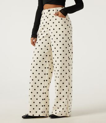High Waisted Wide Leg Polka Dot Corduroy Casual Pants with Pockets