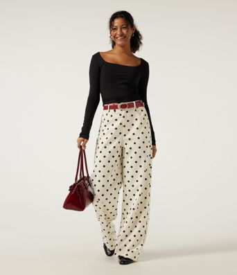 High Waisted Wide Leg Polka Dot Corduroy Casual Pants with Pockets