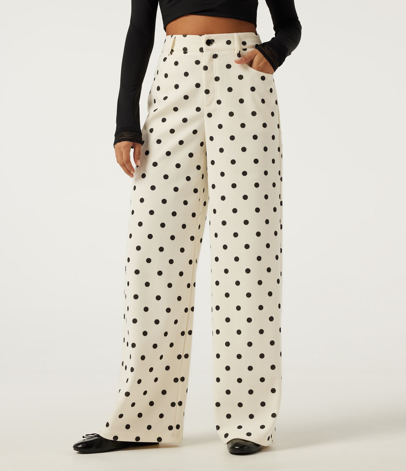 High Waisted Wide Leg Polka Dot Corduroy Casual Pants with Pockets