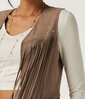 Open Front Sleeveless Fringe Suede Casual Faux Leather Jacket