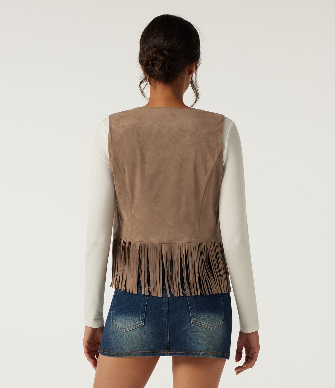 Open Front Sleeveless Fringe Suede Casual Faux Leather Jacket