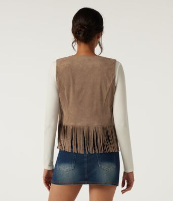 Open Front Sleeveless Fringe Suede Casual Faux Leather Jacket