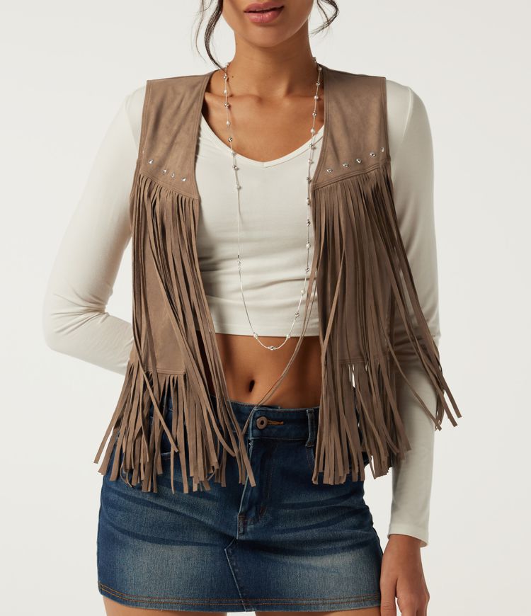 Open Front Sleeveless Fringe Suede Casual Faux Leather Jacket