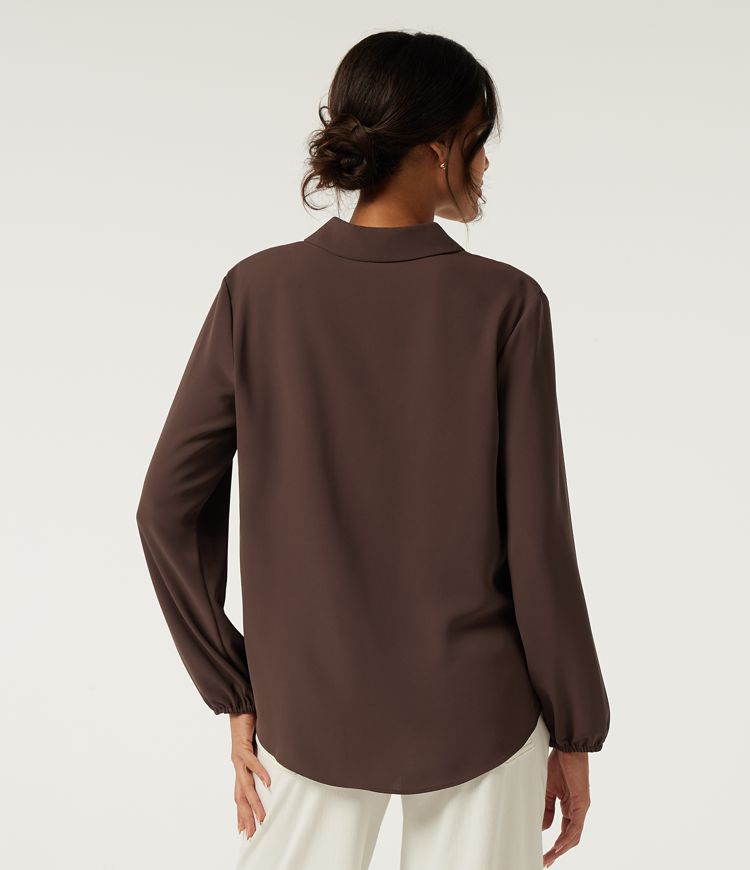 Brown Stone Lapel Long Sleeve Curved Hem Work Blouse / 2