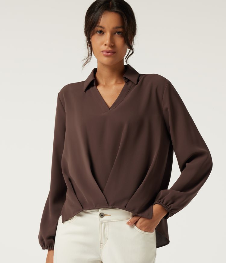 Lapel Long Sleeve Curved Hem Work Blouse