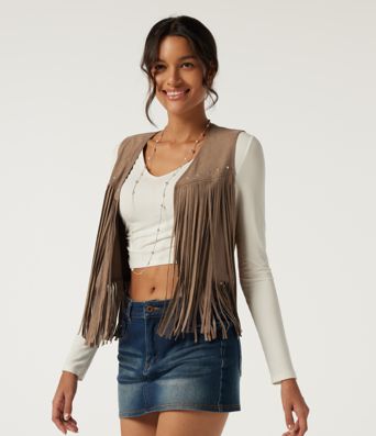 Open Front Sleeveless Fringe Suede Casual Faux Leather Jacket
