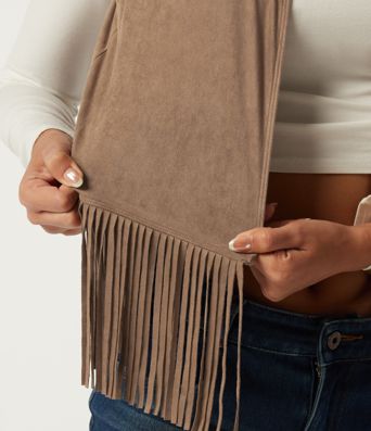 Open Front Sleeveless Fringe Suede Casual Faux Leather Jacket
