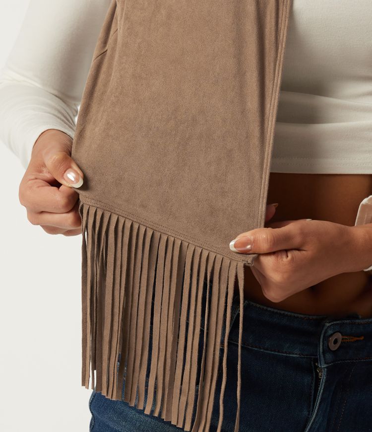 Open Front Sleeveless Fringe Suede Casual Faux Leather Jacket