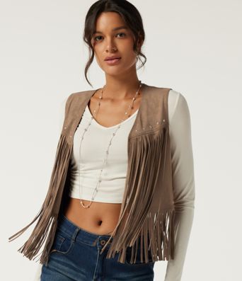Open Front Sleeveless Fringe Suede Casual Faux Leather Jacket