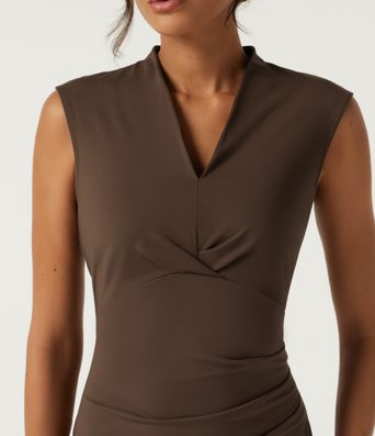 V Neck Sleeveless Split Hem Work Midi Dress V Neck Sleeveless Split Hem Work Midi Dress