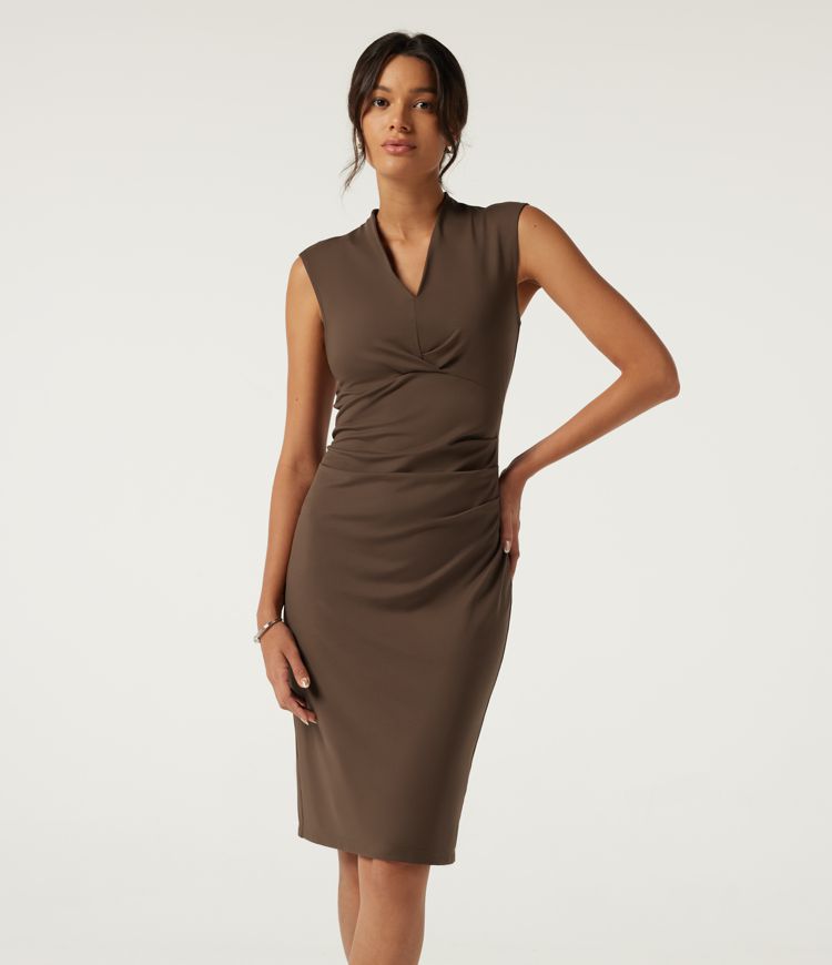 V Neck Sleeveless Split Hem Work Midi Dress V Neck Sleeveless Split Hem Work Midi Dress