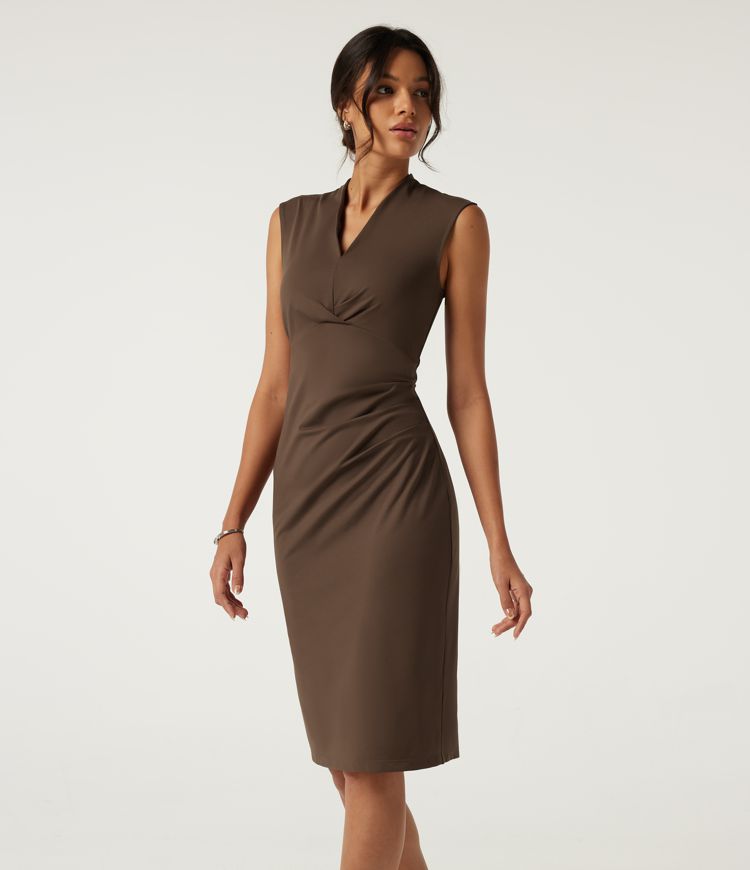 V Neck Sleeveless Split Hem Work Midi Dress V Neck Sleeveless Split Hem Work Midi Dress