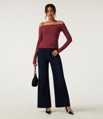 Ribbed Knit Off Shoulder Long Sleeve Contrast Lace Casual Top