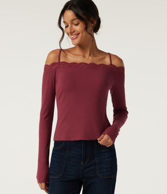 Ribbed Knit Off Shoulder Long Sleeve Contrast Lace Casual Top