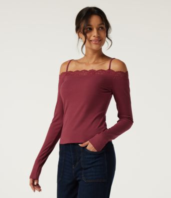 Ribbed Knit Off Shoulder Long Sleeve Contrast Lace Casual Top