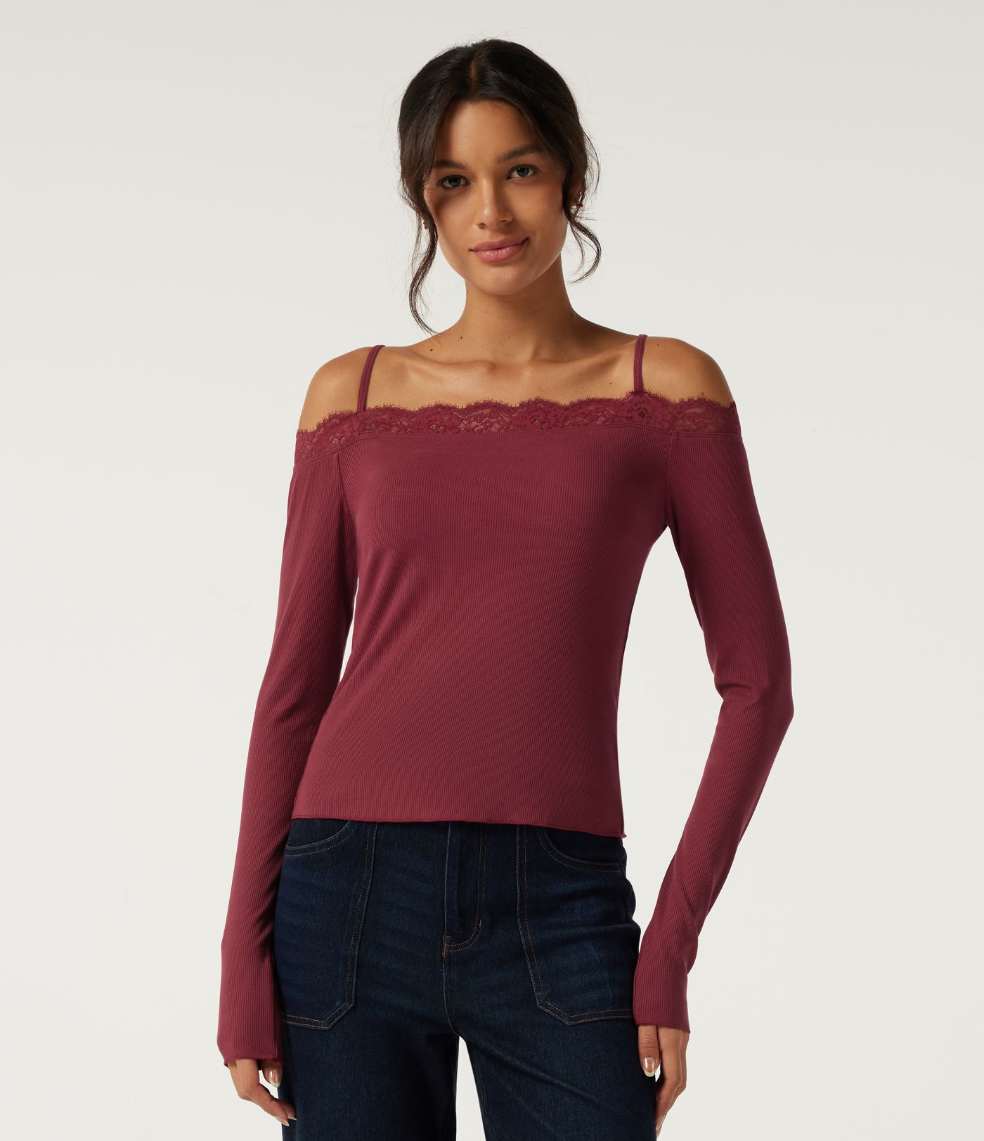 Ribbed Knit Off Shoulder Long Sleeve Contrast Lace Casual Top