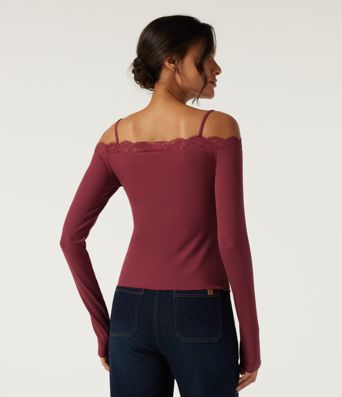 Ribbed Knit Off Shoulder Long Sleeve Contrast Lace Casual Top