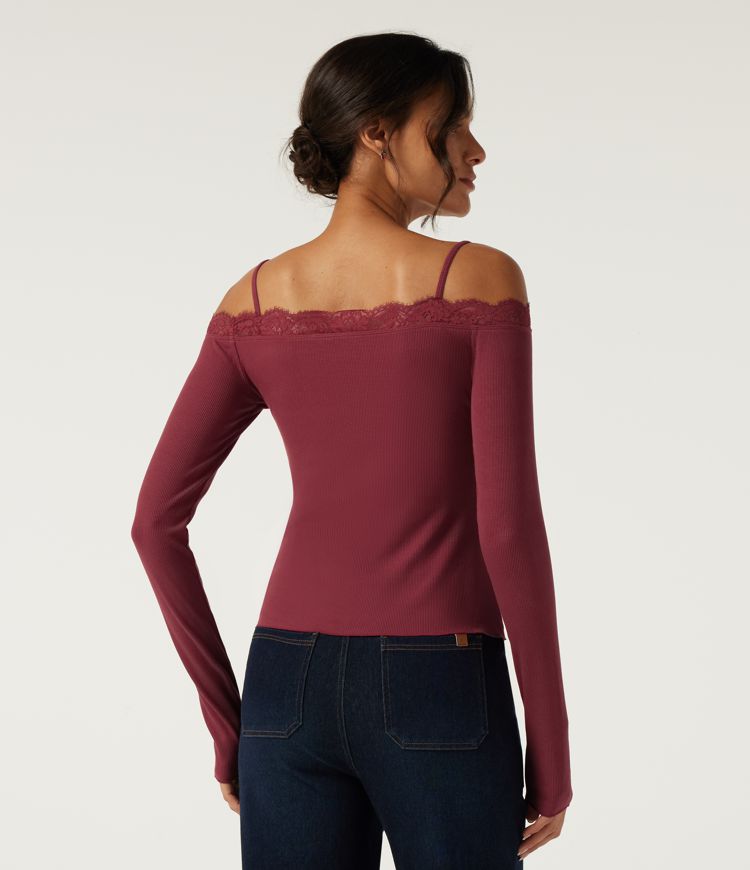 Ribbed Knit Off Shoulder Long Sleeve Contrast Lace Casual Top