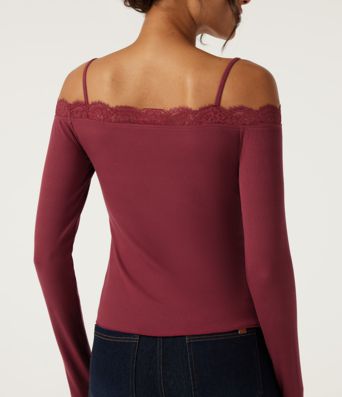 Ribbed Knit Off Shoulder Long Sleeve Contrast Lace Casual Top