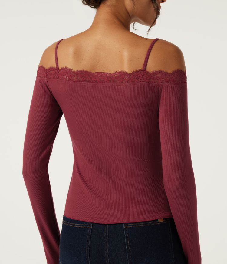 Ribbed Knit Off Shoulder Long Sleeve Contrast Lace Casual Top
