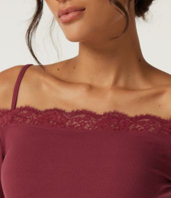 Ribbed Knit Off Shoulder Long Sleeve Contrast Lace Casual Top