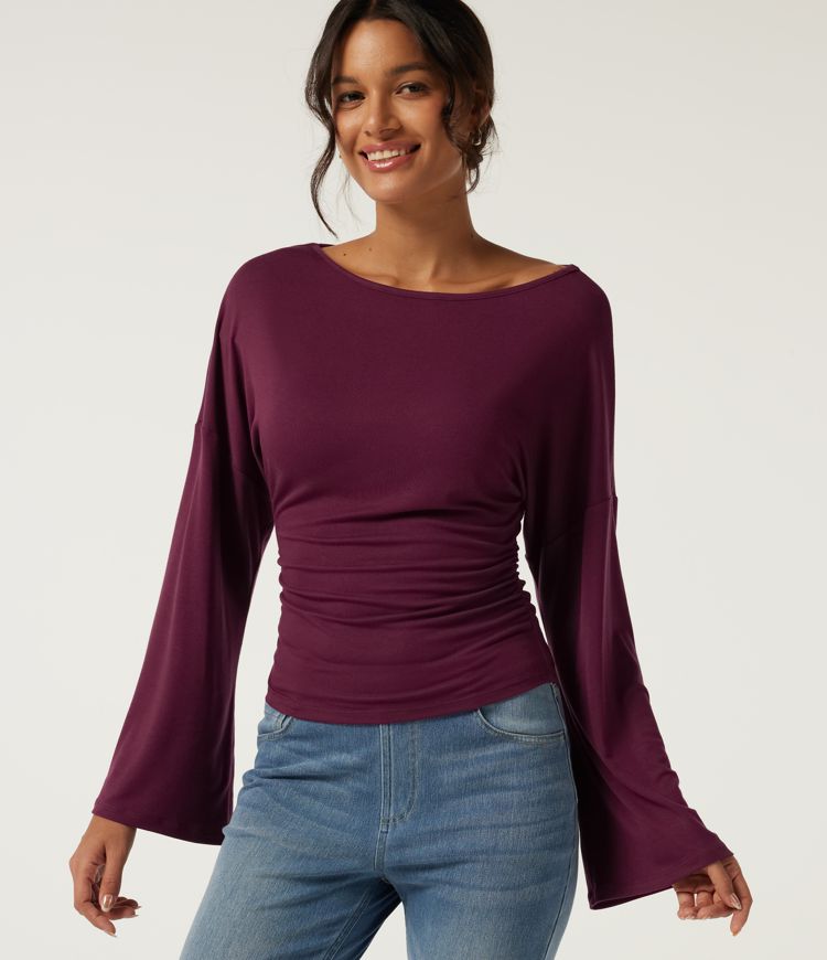 Ribbed Boat Neck Flounce Long Sleeve Ruched Casual Top