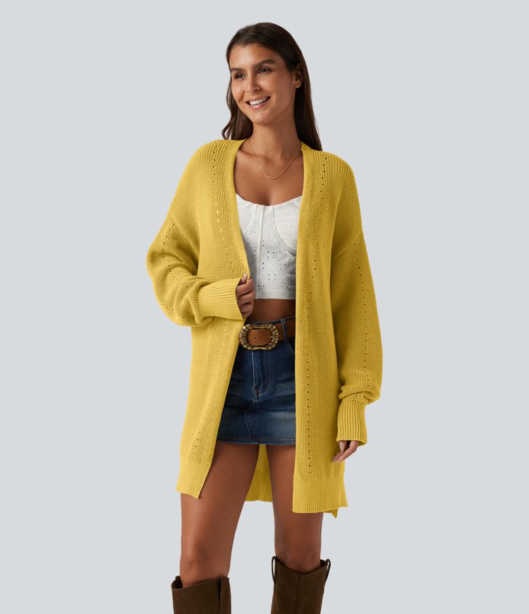 Cardigan long à encolure en V, ouvert devant et à manches longues