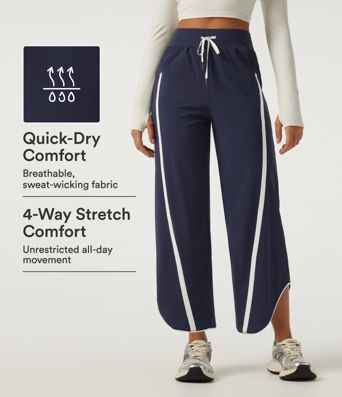Pantalon de tennis taille haute à cordon, jambe large, ourlet incurvé, à blocs de couleur, séchage rapide InstantCool, avec poches — UPF40+