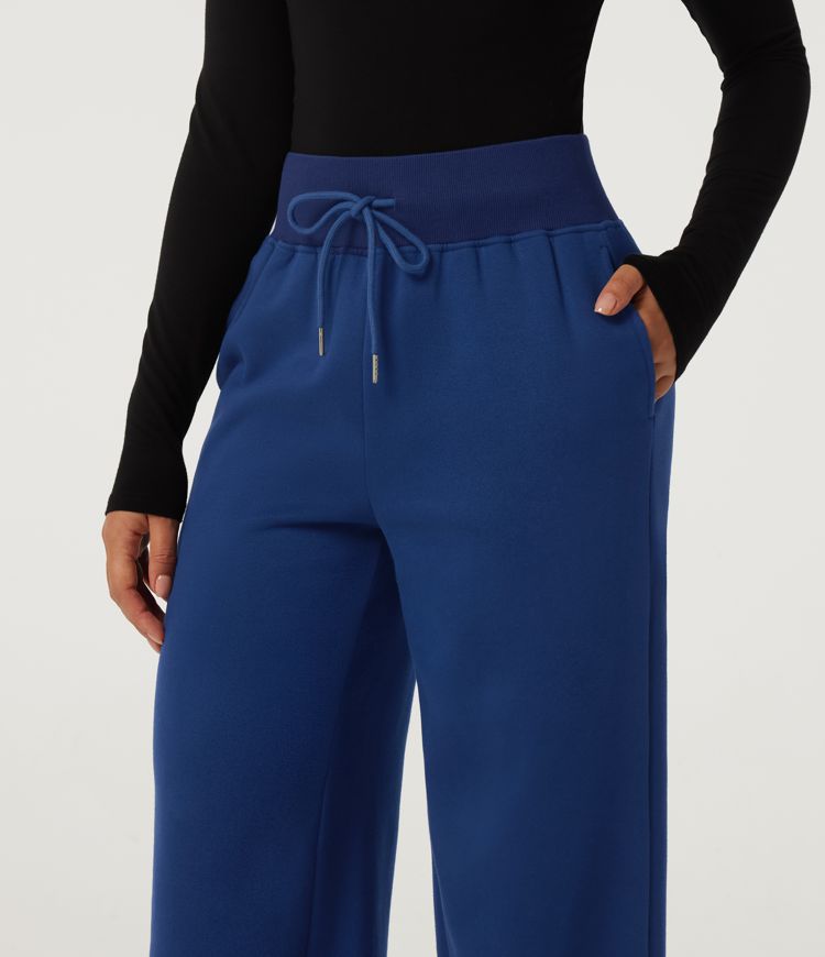 High Waisted Drawstring Wide Leg Cotton Casual Sweatpants with Pockets