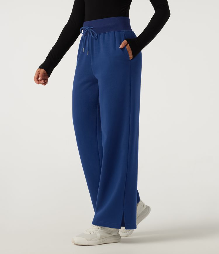 High Waisted Drawstring Wide Leg Cotton Casual Sweatpants with Pockets
