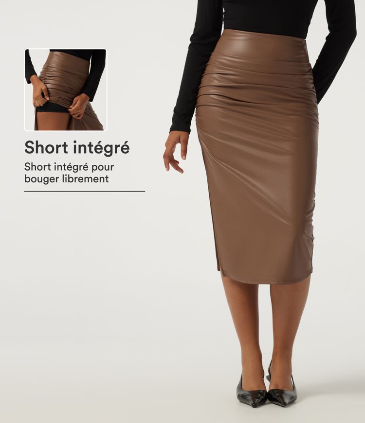 Jupe-short midi bodycon en simili doublé polaire taille haute avec fronces