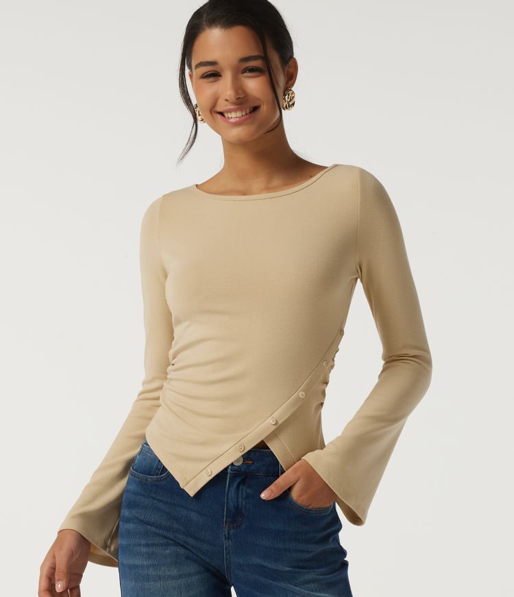 Boat Neck Flounce Long Sleeve Asymmetric Ruched Thermal Casual Top