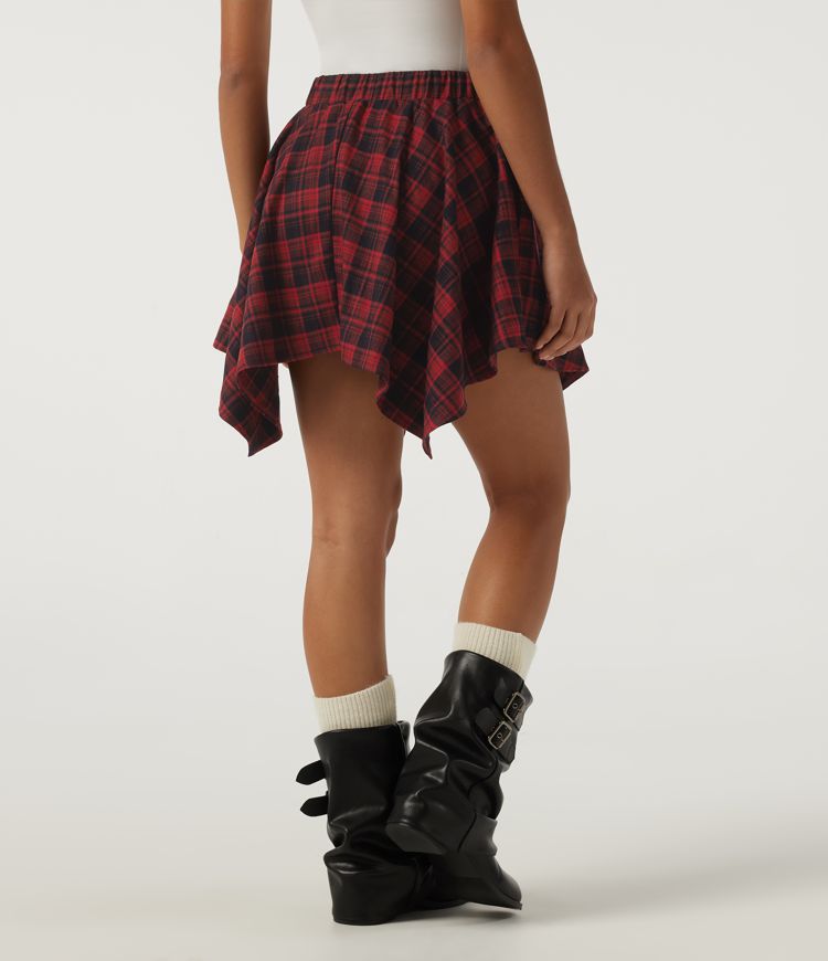 Red Blue Plaid High Waisted Tie Front 2-in-1 Plaid Mini Casual Skirt with Pockets / 2