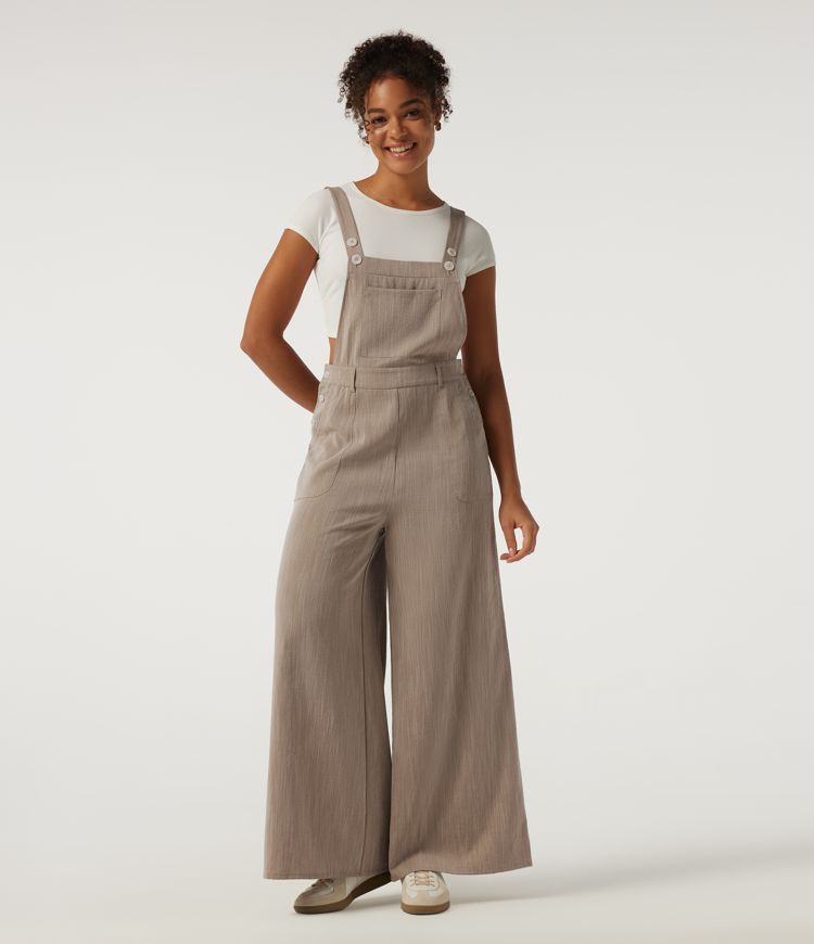 Square Neck Wide Leg Linen-Feel Casual Overalls with Pockets