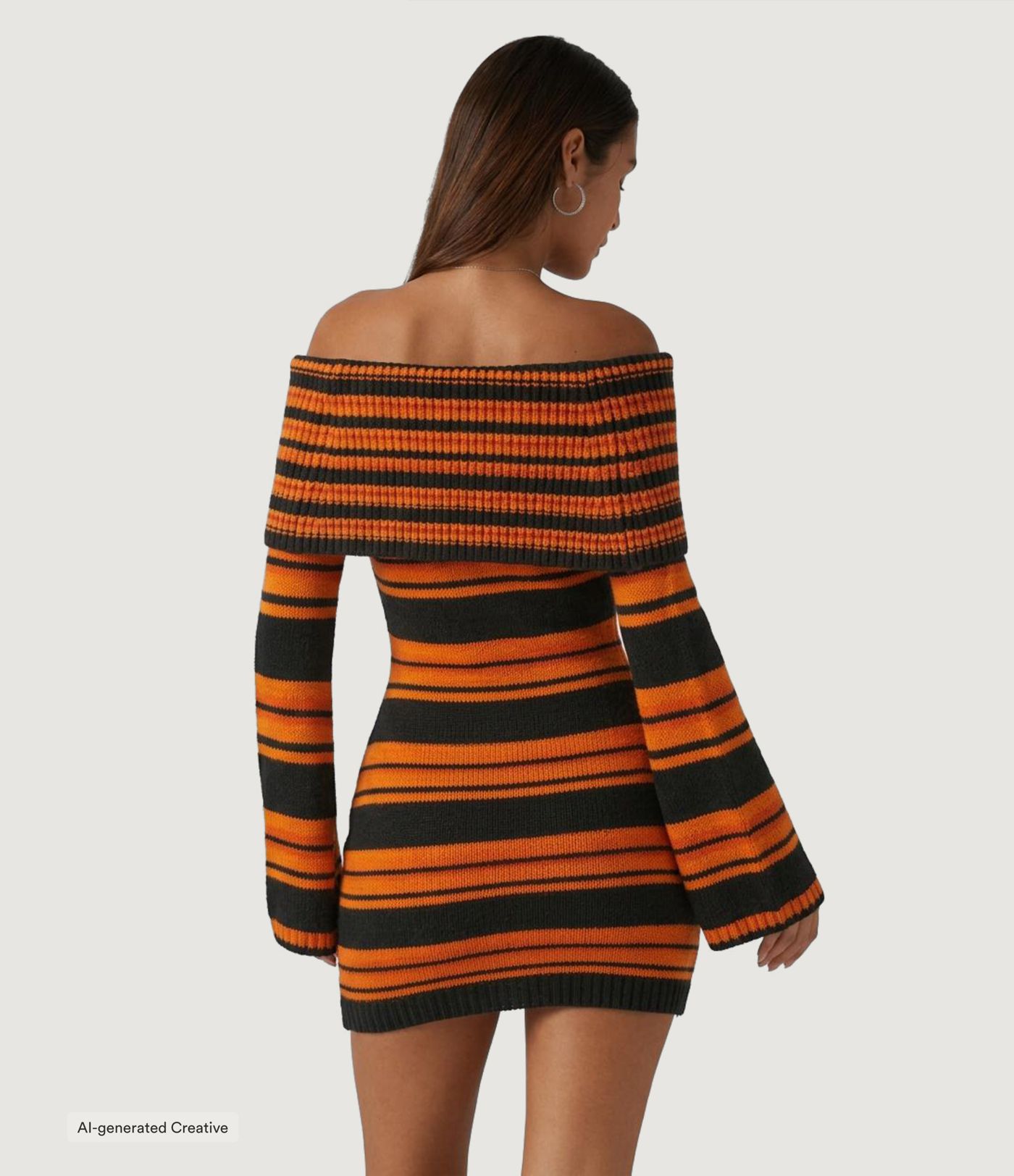 Schulterfreies, langärmliges, gestreiftes A-Linien-Bodycon Mini-Strickkleid, lässig