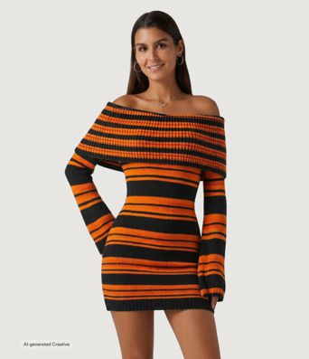 Schulterfreies, langärmliges, gestreiftes A-Linien-Bodycon Mini-Strickkleid, lässig