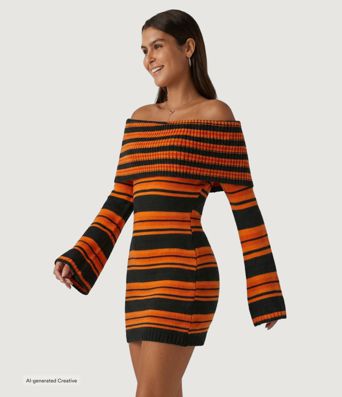 Schulterfreies, langärmliges, gestreiftes A-Linien-Bodycon Mini-Strickkleid, lässig