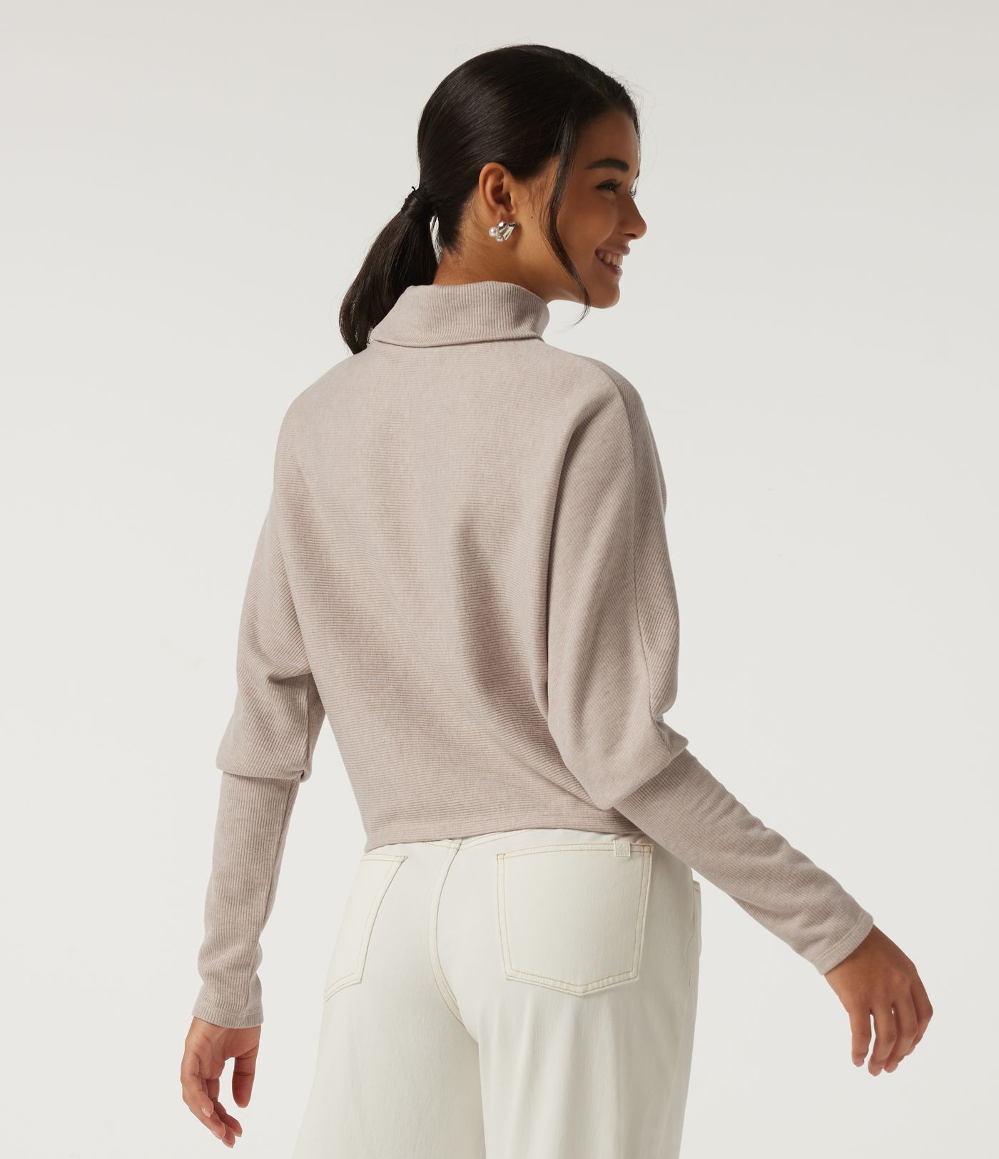 Ribbed High Neck Batwing Long Sleeve Casual Top
