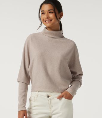 Ribbed High Neck Batwing Long Sleeve Casual Top