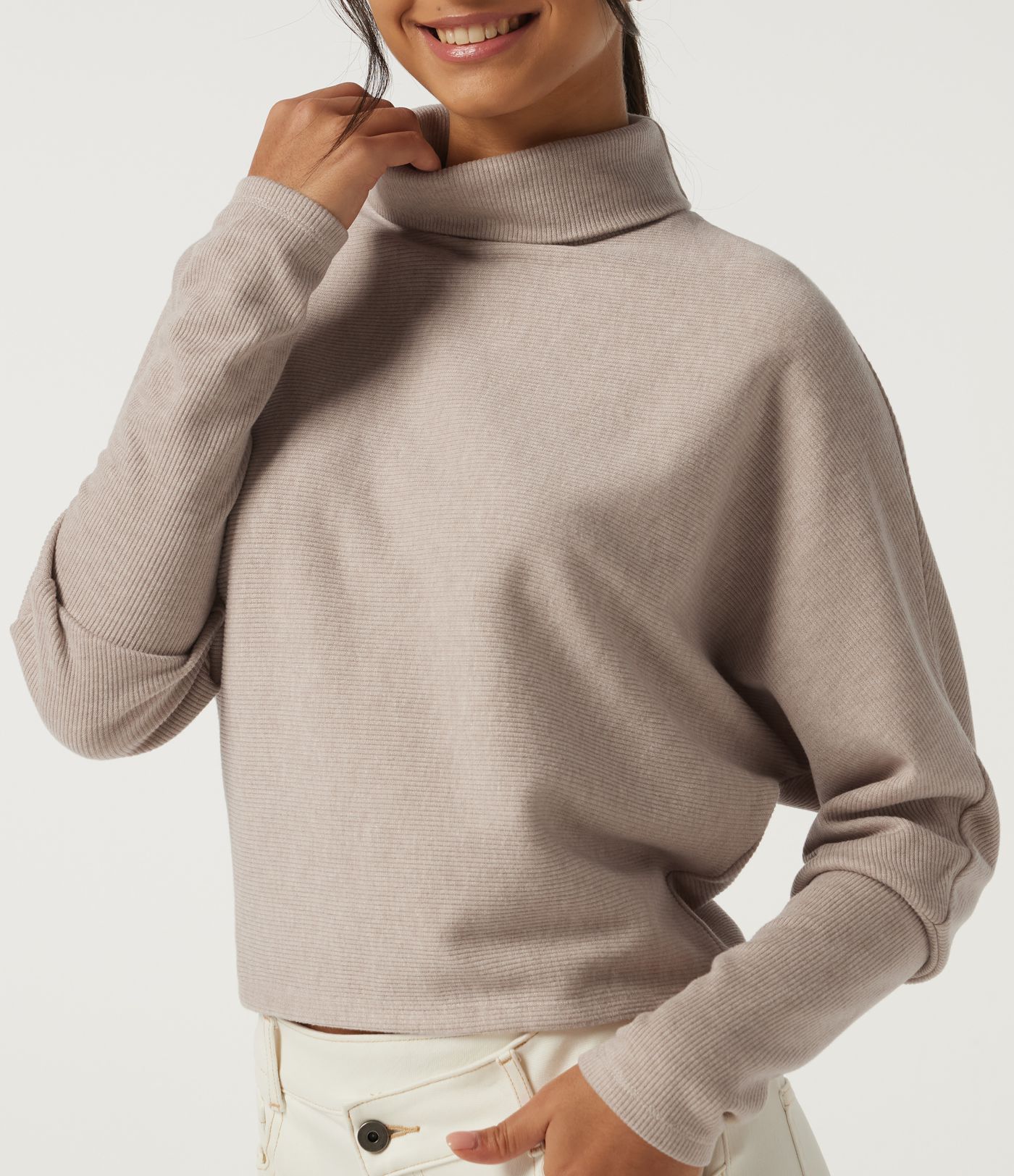Ribbed High Neck Batwing Long Sleeve Casual Top